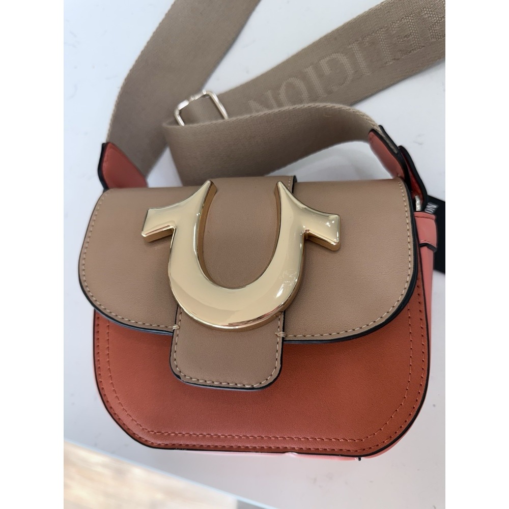 True Religion orange Crossbody Bag Gold trim Snap close Wide logo strap New NWT